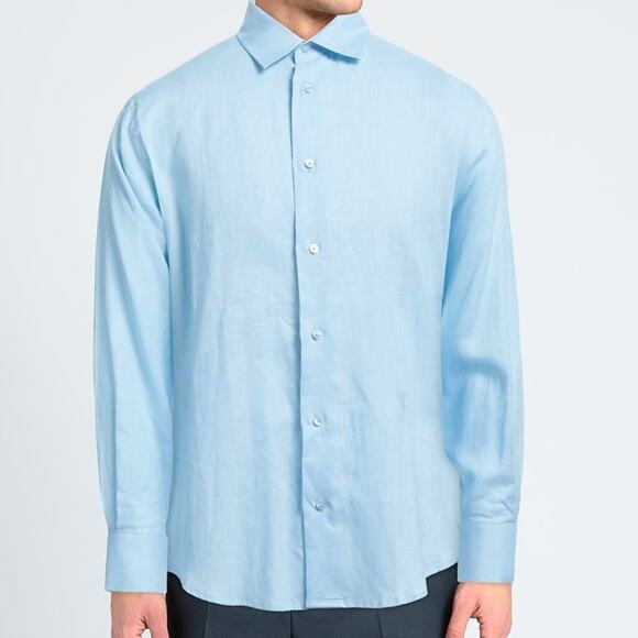 Trussardi Linen Button Up Shirt 42 Large Men Flax Long Sleeve Woven Coastal Blue - Picture 1 of 12